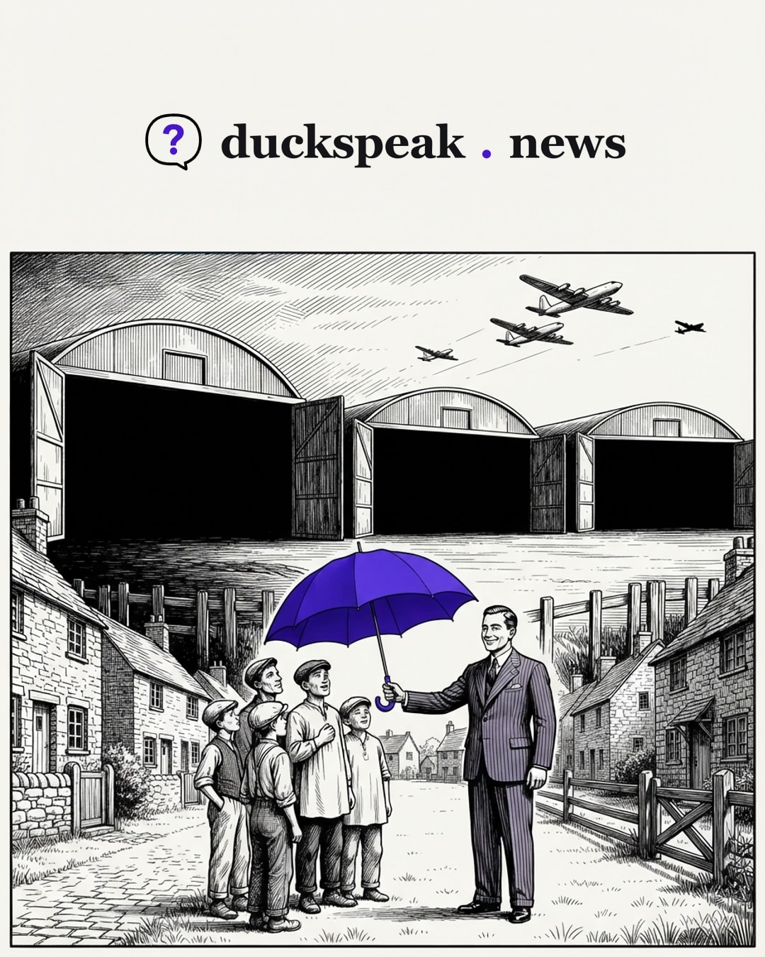 Under his umbrella the villagers smile up at a clear sky. Behind them the hangar doors stand open on darkness, and the planes that filled them are already shrinking into the distance.