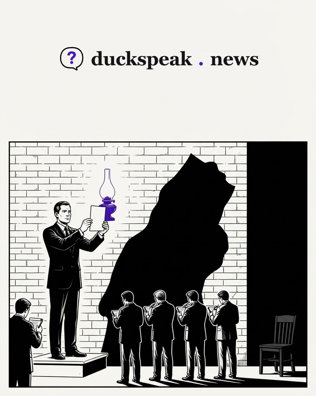 He holds up one plain sheet and lets the lamp do the rest: on the bricks it towers. The reporters face the wall and copy the shadow, not the page, while in the dark corner the defendant's chair stays empty.