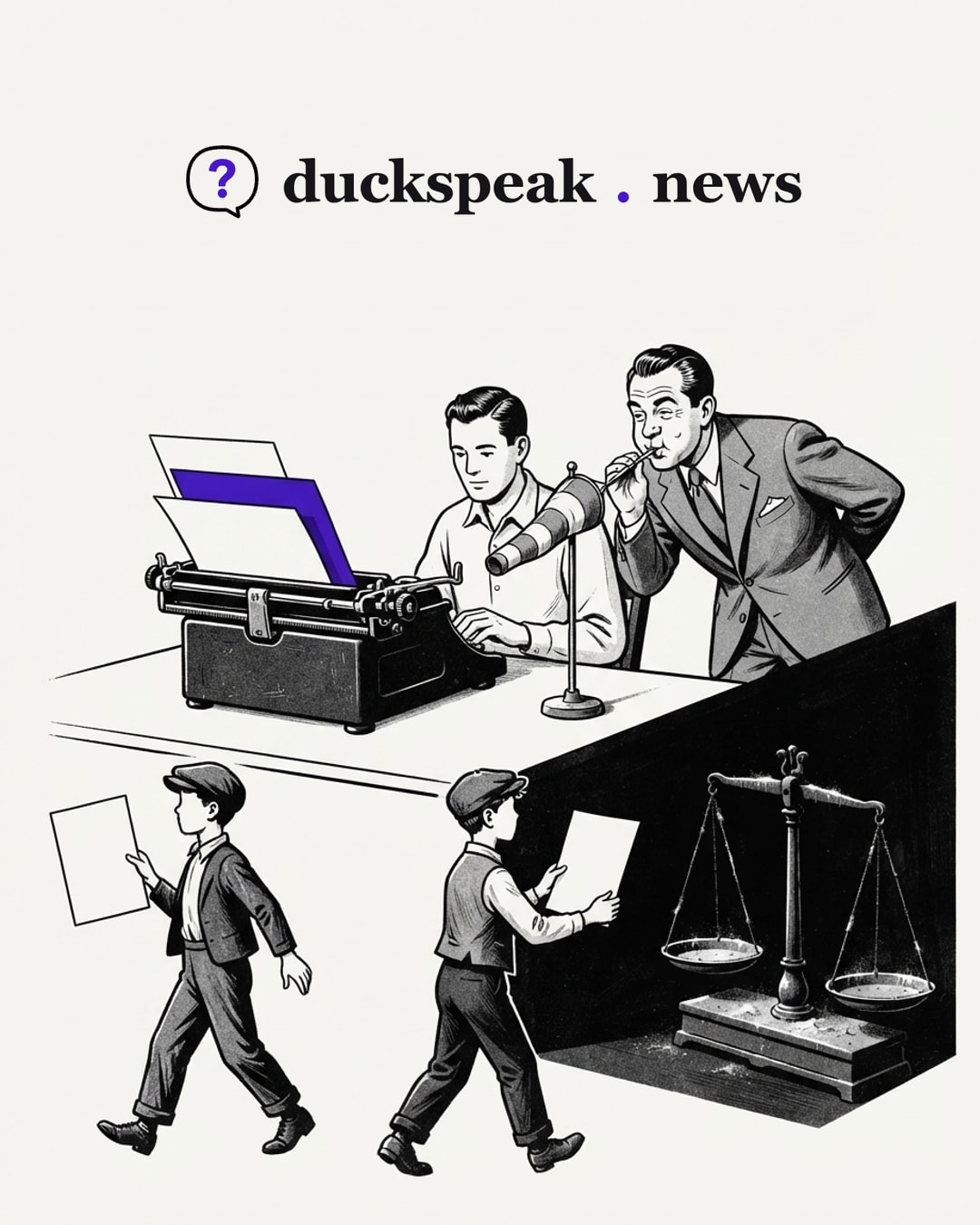 One man types, another blows into the windsock until it points ahead, and the carbon sheet turns one page into two. The newsboys carry them off as separate news, while in the shadow the scales that could weigh the claim sit dusty and empty.