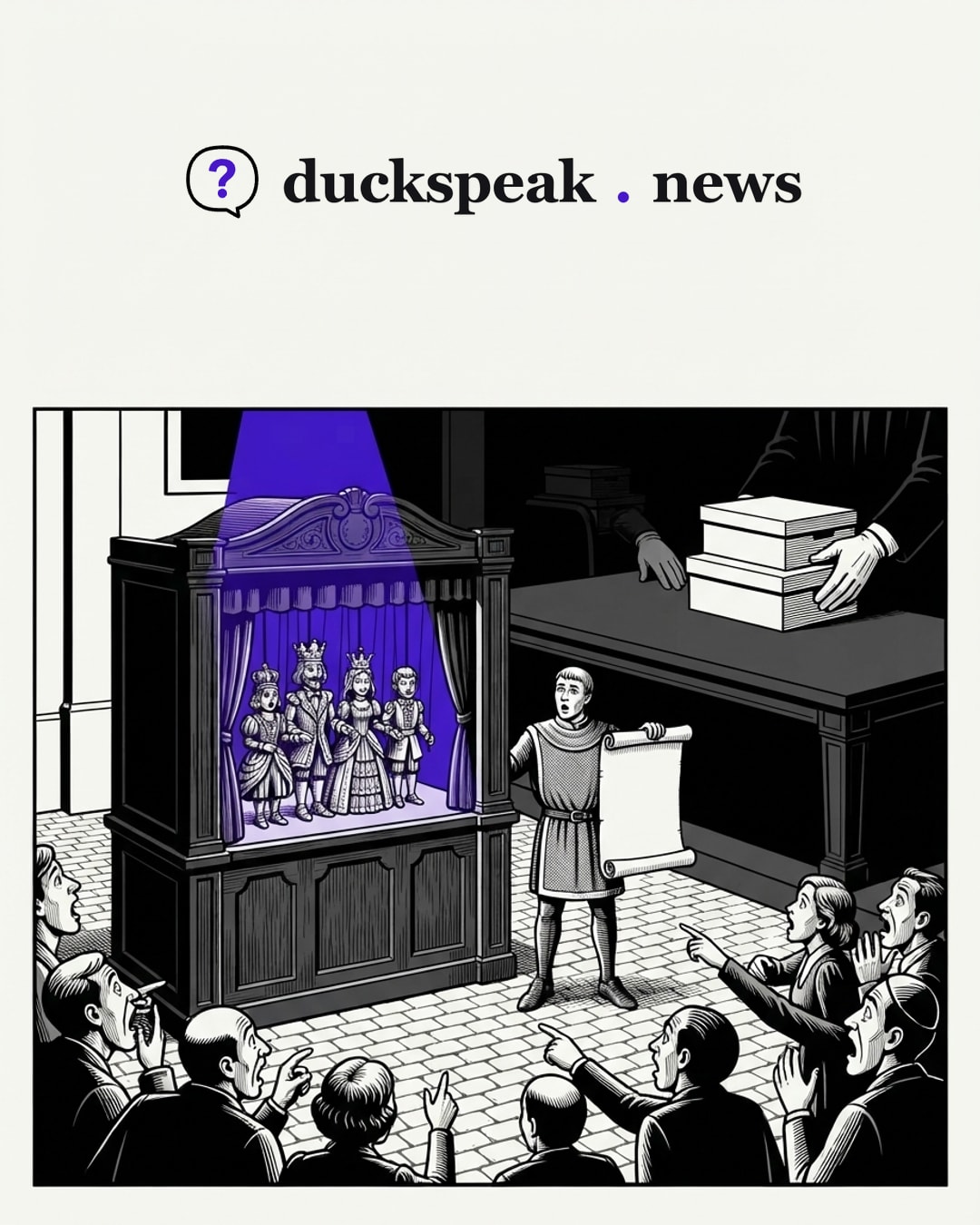 The crowd gasps at the crowned marionettes in their spotlight, and the herald holds up his scroll as if it said something. Behind the show, a gloved hand slides the evidence boxes off the table, and no one in the square turns around.