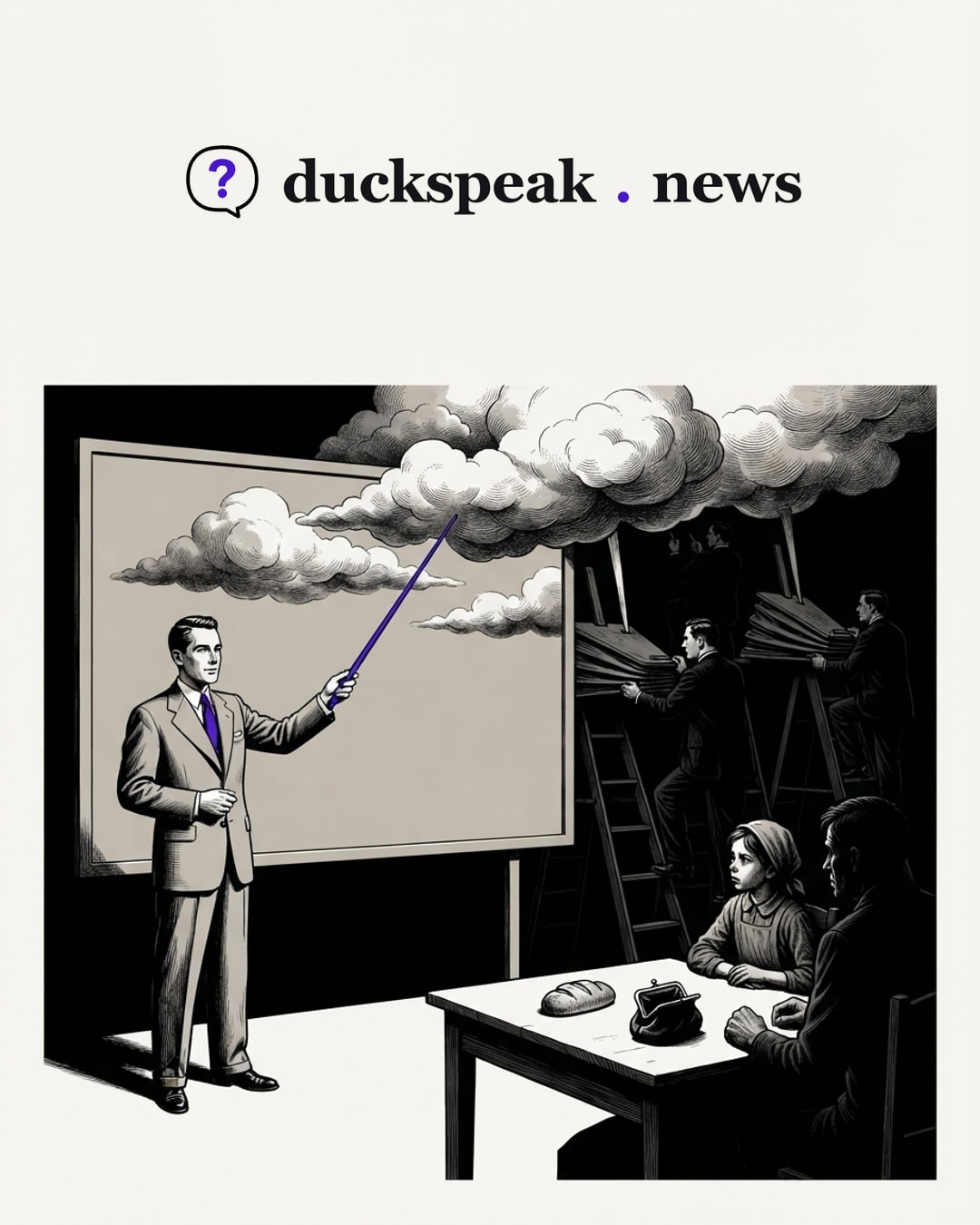 He points at the clouds as if they had gathered on their own. Behind the board, men in suits on ladders keep the bellows going, and at the table below, a loaf and an empty purse wait for a forecast that never mentions them.