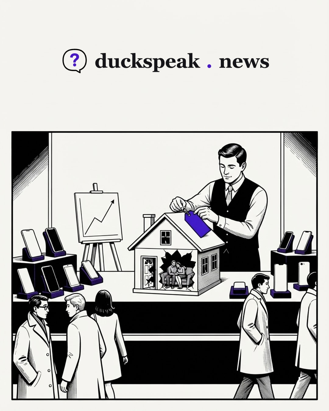 The clerk ties a tag to the little house and sets it among the phones, beside a chart that only climbs. Through the broken wall the couple sit huddled on their sofa, and the passers-by walk on as if it were the newest model.