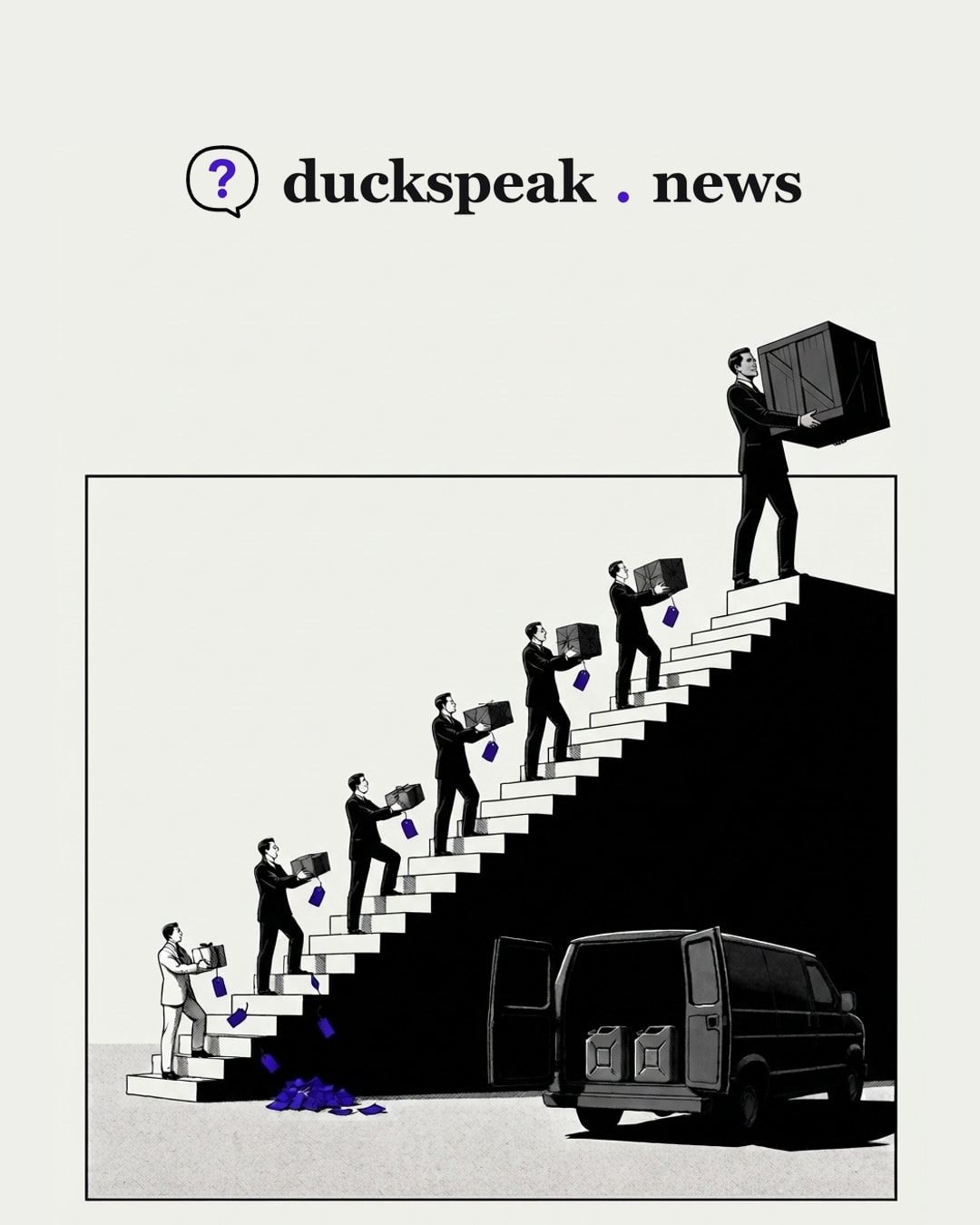 Each man on the staircase hands the parcel up a little bigger than he received it, and its tags drift down to a pile at the foot of the stairs. By the top it is a crate; at the bottom, the open van holds two fuel cans and nothing else.
