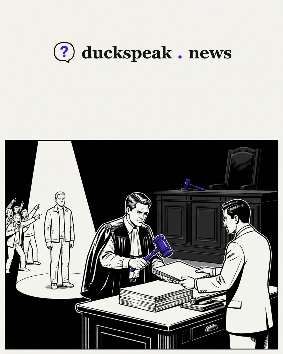 Robe over his shoulders, he brings the gavel down on the papers the man across the desk hands him, and the crowd is already pointing at the figure in the spotlight. Behind them the real bench stands dark, its chair empty.