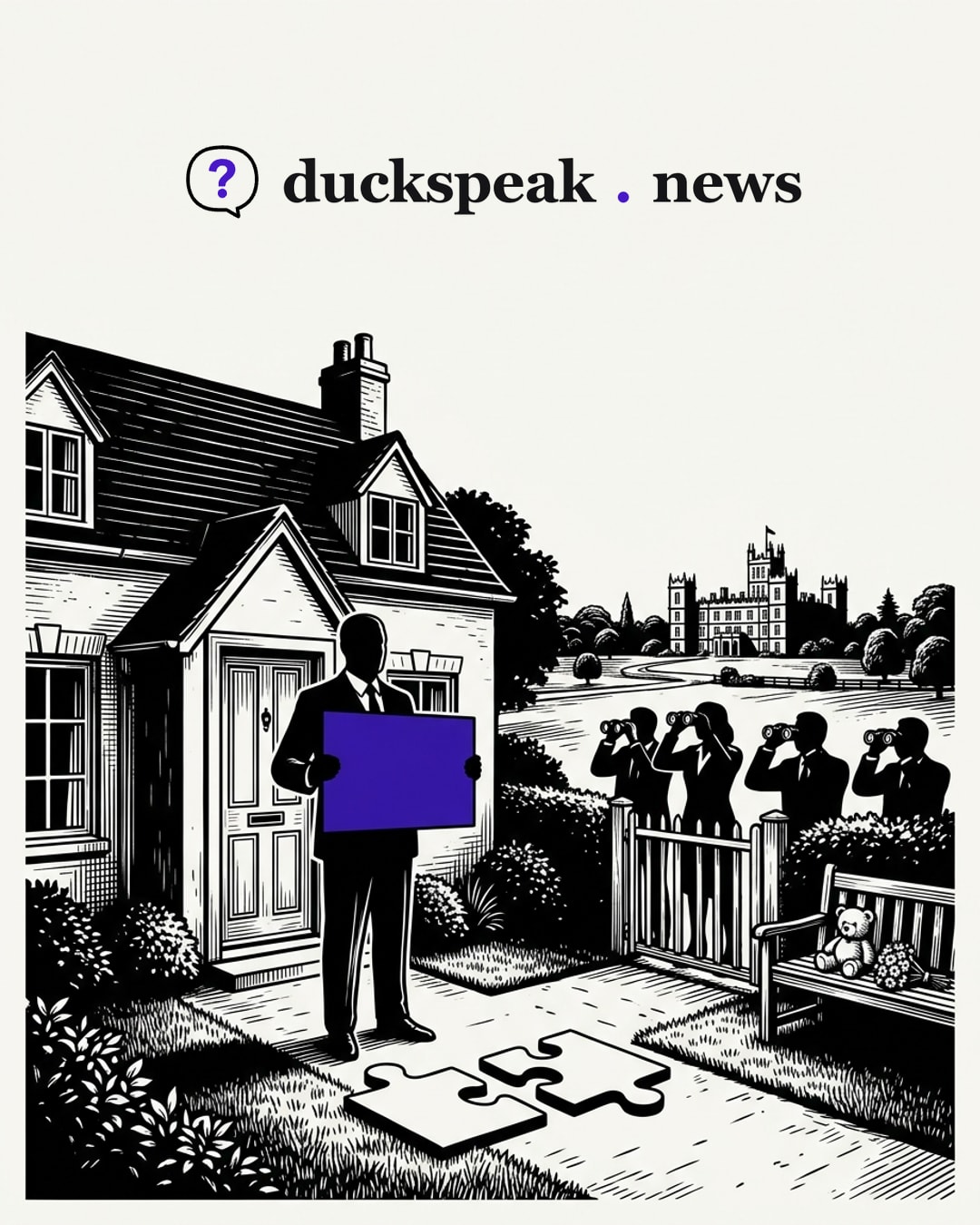 He stands on the garden path holding up a blank board, and at his feet two puzzle pieces lie side by side, made to fit, never joined. At the gate the reporters train their binoculars on the castle across the park; behind them, on the bench, a teddy bear and a bunch of flowers.