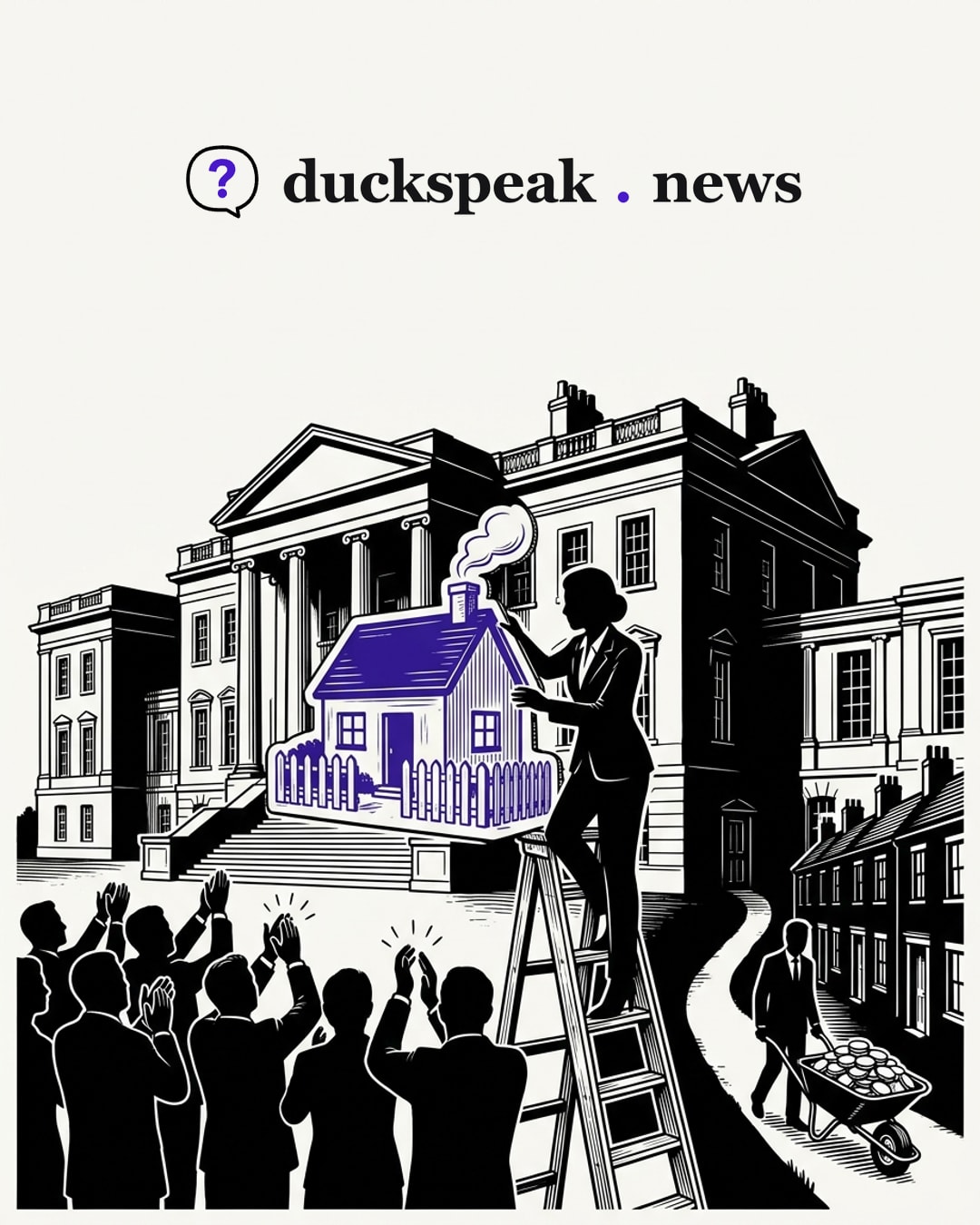 From her ladder she holds up a cardboard cottage, picket fence and curl of smoke included, against the colonnades of the mansion, and the crowd rises to applaud. Down the side path, a man pushes a wheelbarrow of coins away from the terraced row, and no one turns to watch.