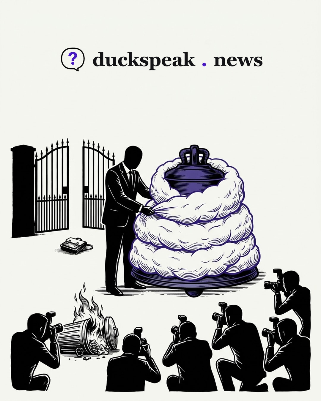 He wraps the great bell in layer after layer of cotton wool until it looks like a cushion. In front, the photographers crouch around the burning bin, and by the open school gate a satchel lies on the ground where no lens is pointed.