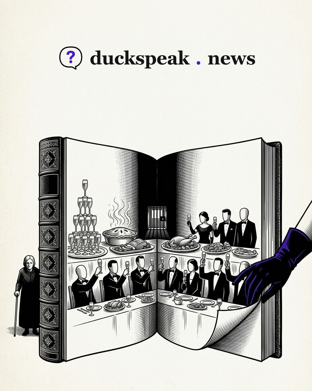 Across both pages the guests raise their glasses beside the champagne tower and the steaming pie, and the gloved hand is already turning the page. Down in the fold a small barred window sits lost in the binding, and beside the spine a woman stands outside the book, where no one toasts her.