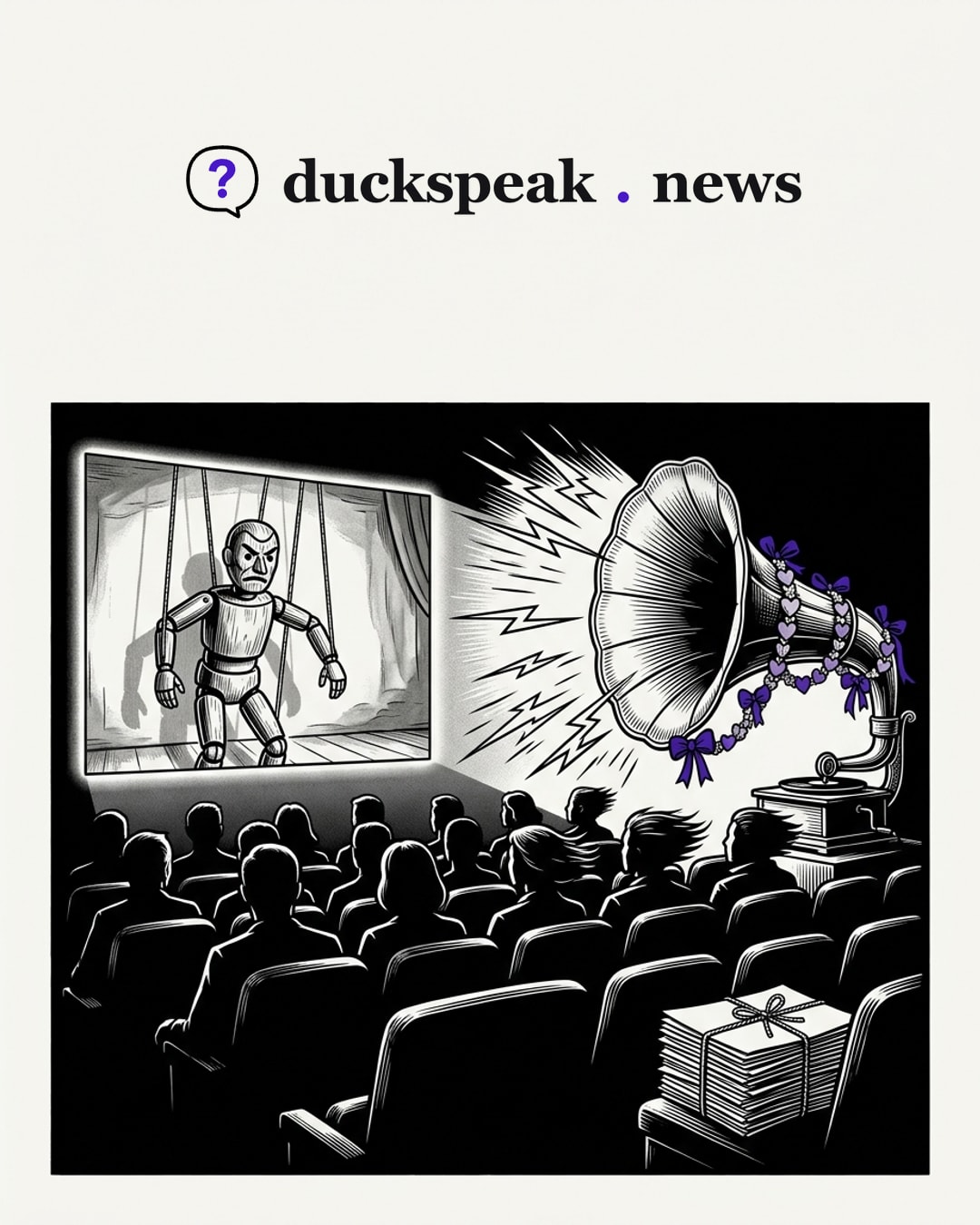 The audience watches the puppet scowl on screen while the horn beside them blasts their hair and coats back, its trumpet garlanded with little hearts and bows. At the end of the row, the bundle of papers that explains it all sits tied up and unread.