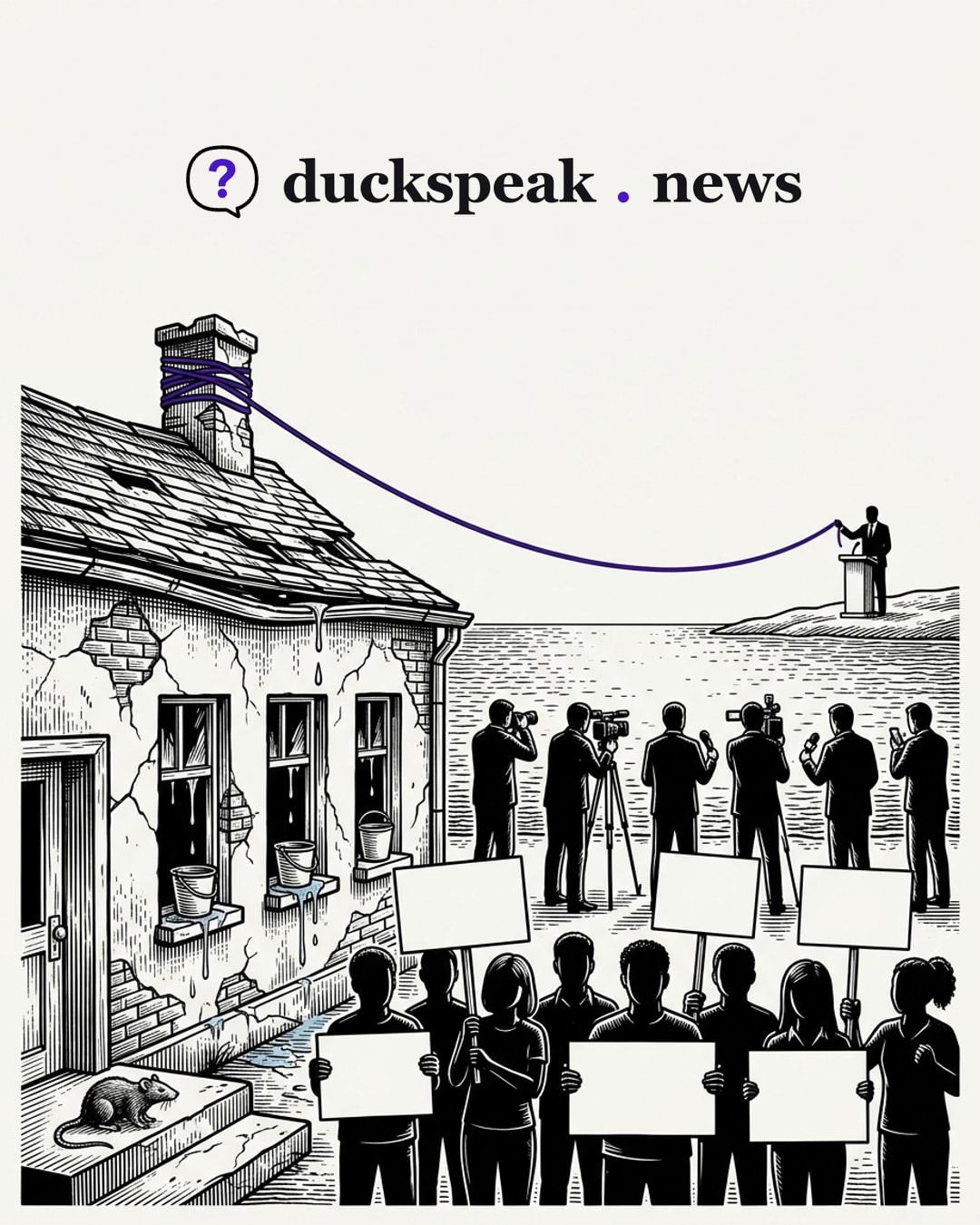From a podium across the water, a small man has tied a thread to the school's chimney, and the cameras follow it all the way back to him. Behind the reporters the buckets fill under the leaking roof, a rat waits on the step, and the pupils hold up their placards to no one.