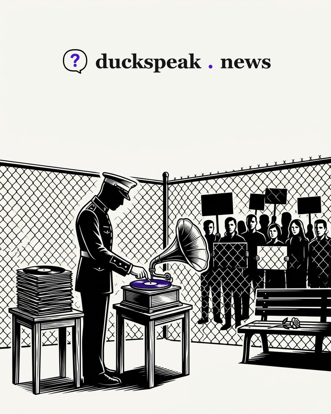 Head bowed, the officer lowers the needle onto the record, the stack beside him worn from all the times it has been played before. Behind the fence the residents hold up their placards, and on the empty bench lies a single flower.