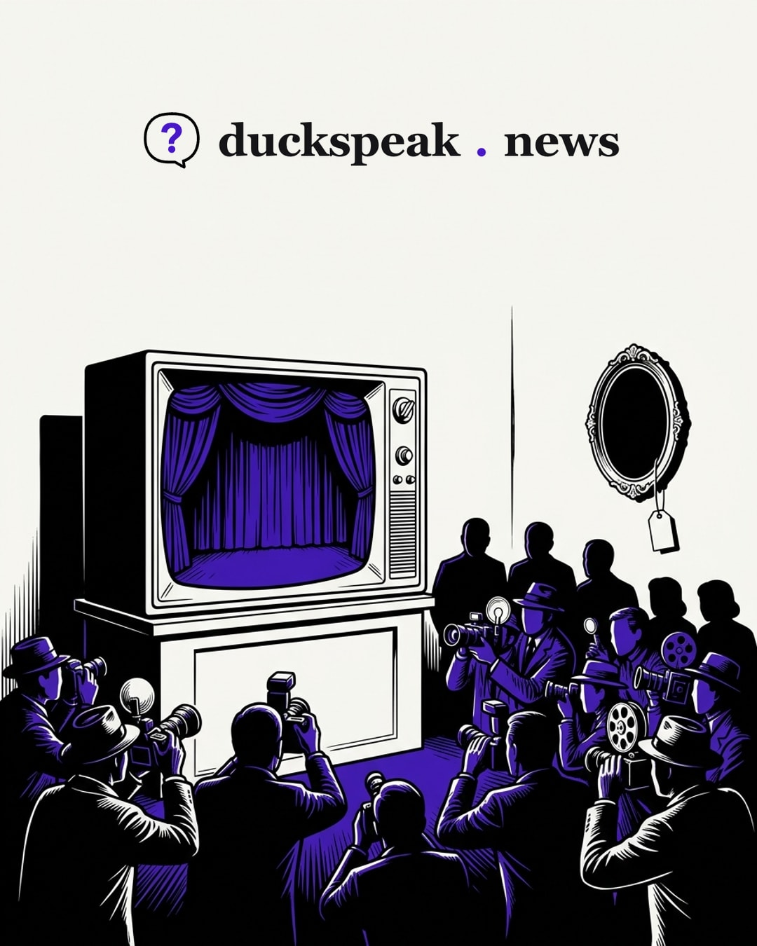 The photographers crowd the television, flashes raised to the empty stage on its screen. Behind them, on the wall, an oval frame hangs with nothing inside it but a tag on a string, and not one lens turns that way.