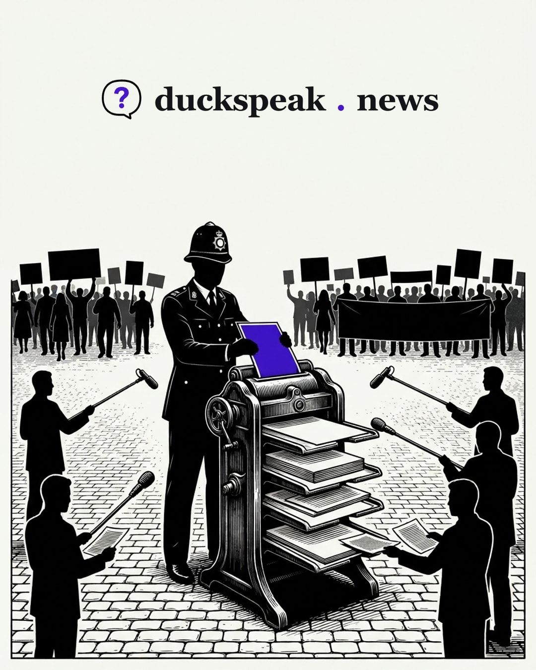The officer feeds one sheet into the press and the trays deliver it back, copy after identical copy, to the reporters holding their microphones out to him. On either side the marchers raise their placards and their banner, and every microphone points the other way.