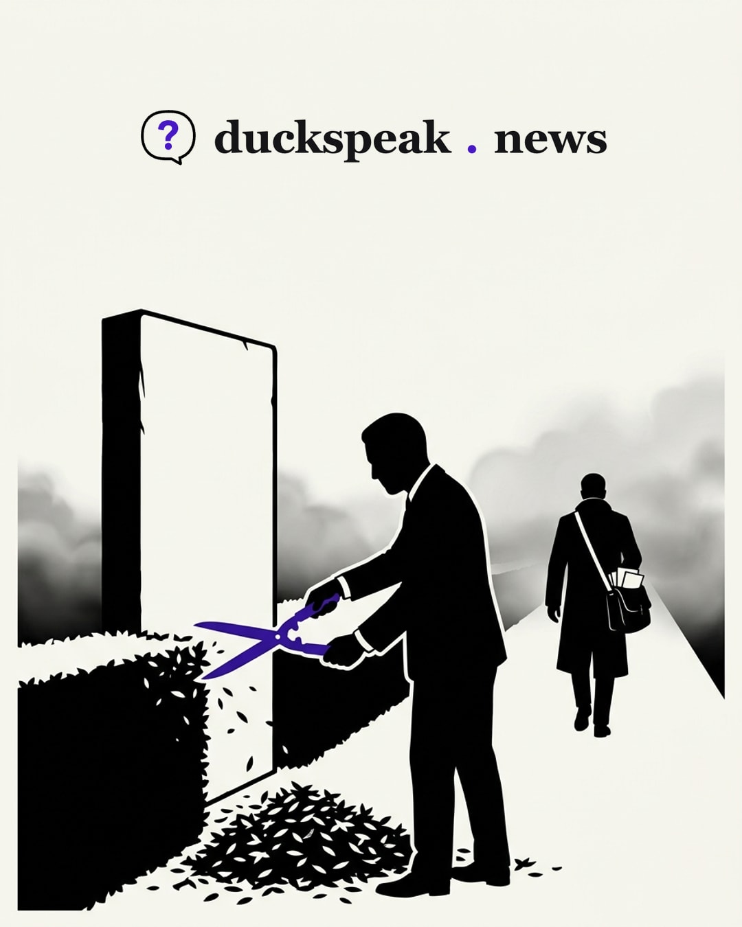 He works the shears along the hedge until the bare slab stands clean, the clippings heaped at his feet. Behind him a courier with a satchel full of papers walks off down the road into the fog, toward a place no one names.
