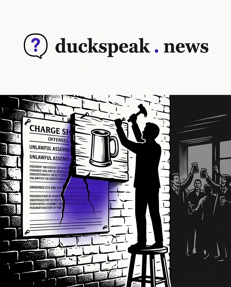 The hammer swings to hang a tavern sign over the charge sheet. One crack of the document still shows through, unread by the crowd cheering below.