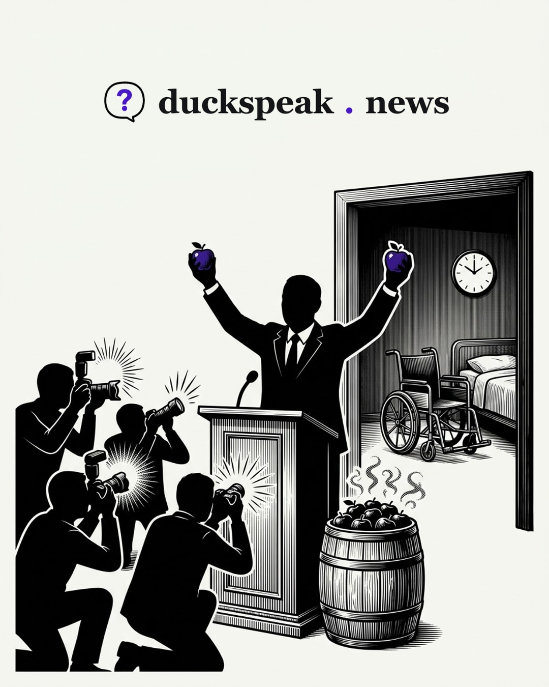 At the podium he raises two apples high and the flashes go off. Beside him the barrel stays full and something rises from it; through the door behind, in a quiet room, an empty wheelchair waits by the bed under a slow clock.