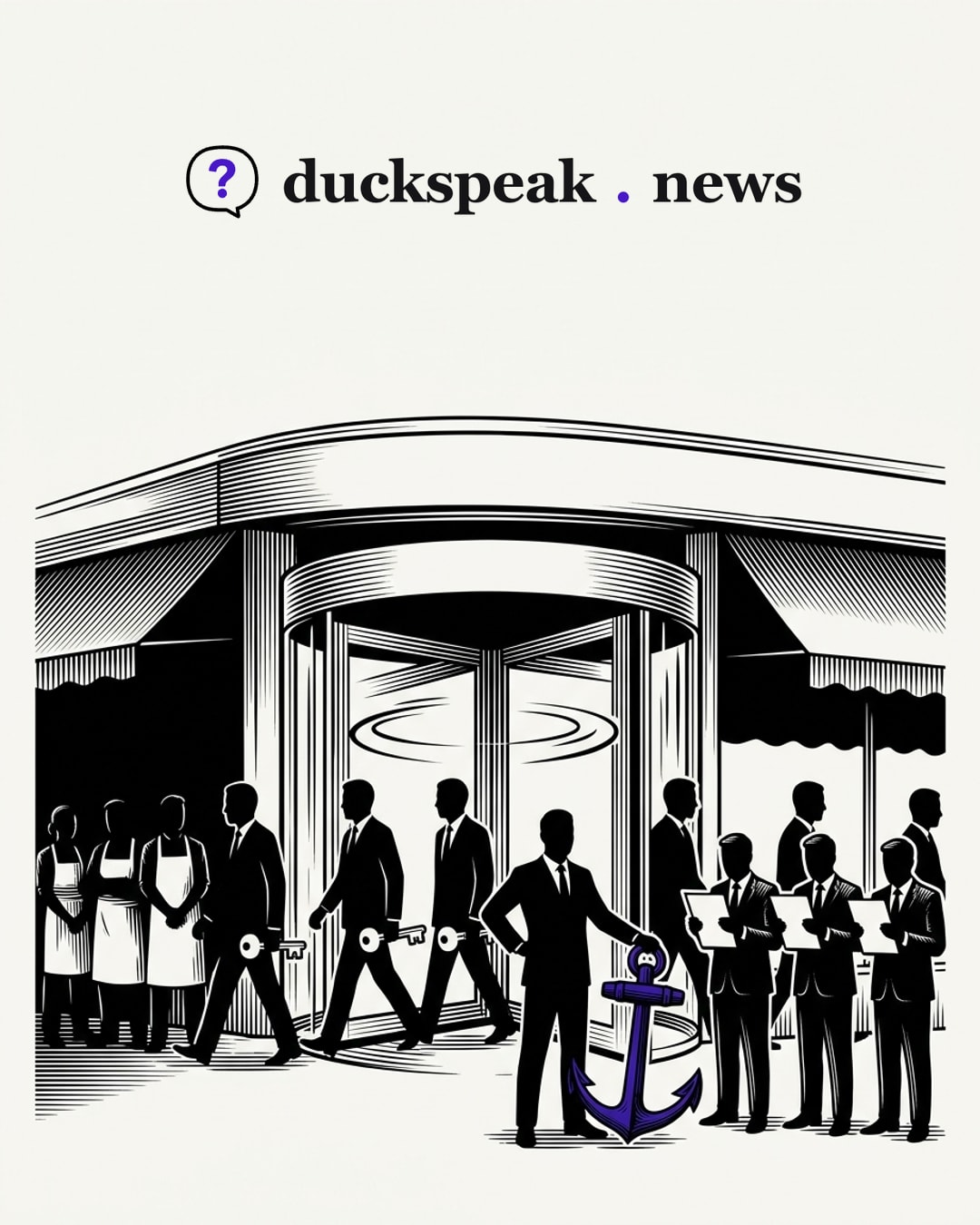 The door keeps turning and the men with the key file through it, one after another. The newest one rests his hand on an anchor and promises it will hold, the reporters beside him read the same sheet in unison, and the staff in aprons wait at the edge, never asked.