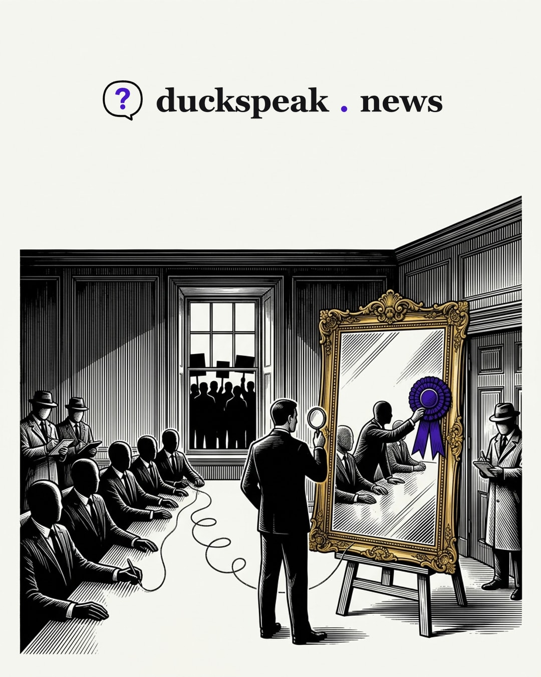 The reviewer raises his magnifying glass to the mirror, and the mirror shows him the trustees at their table, one of them pinning a rosette to its frame. A string runs from his feet back to the table, the reporters take notes in the corners, and outside the window the placards go unseen.