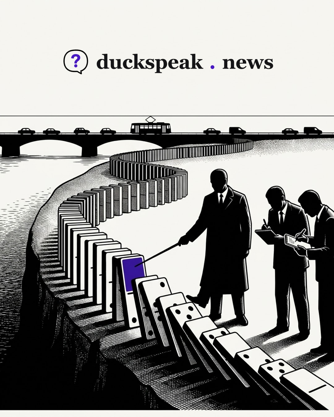 He points at one domino and calls it the beginning, and the reporters beside him write it down. The row runs back toward the bridge where the traffic still crosses, and his own foot is the one pushing the next domino over.