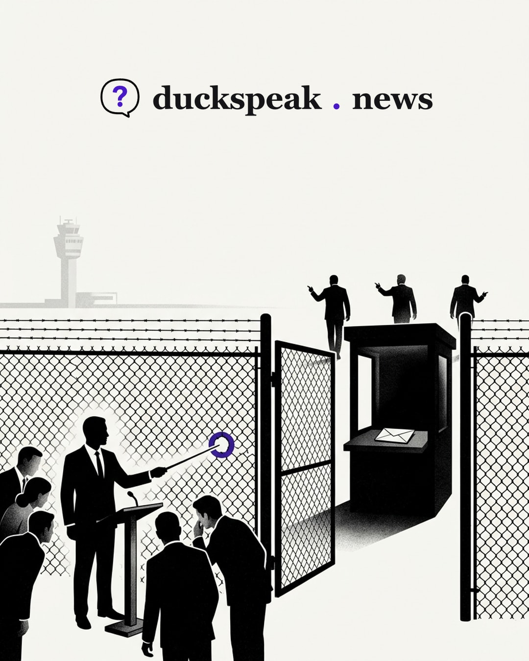The man at the podium rings a hole in the fence no bigger than a fist, and the crowd leans in to inspect it. A step away the gate stands wide open, the envelope lies unopened on the counter of the empty booth, and three officials walk off, each pointing at another.