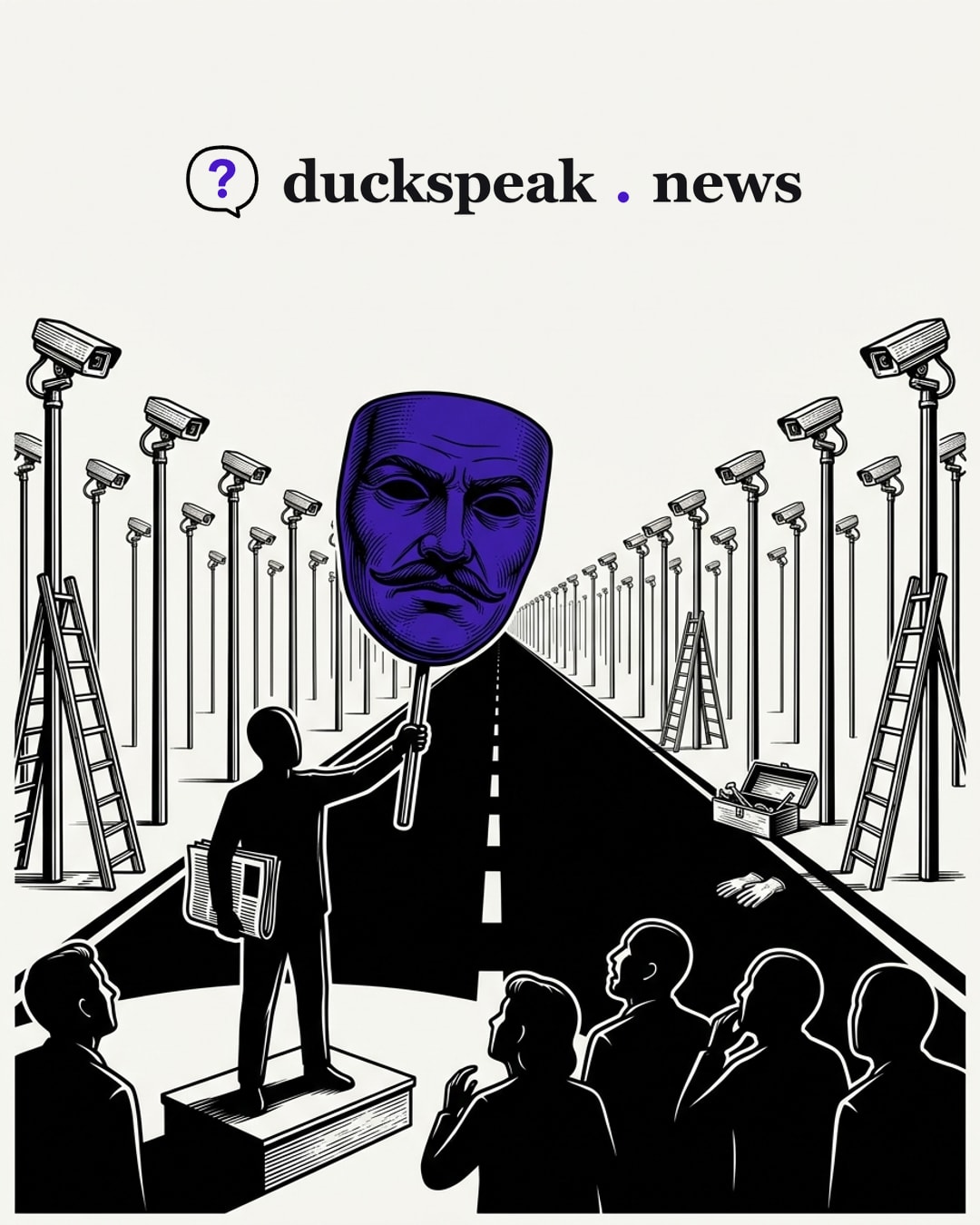 The hawker holds the stern mask high above his stack of papers, and the crowd looks up at it. Behind it the road runs to the horizon between rows of cameras, ladders still leaning on the poles and a pair of gloves left on the asphalt, the work done and no one there to have done it.