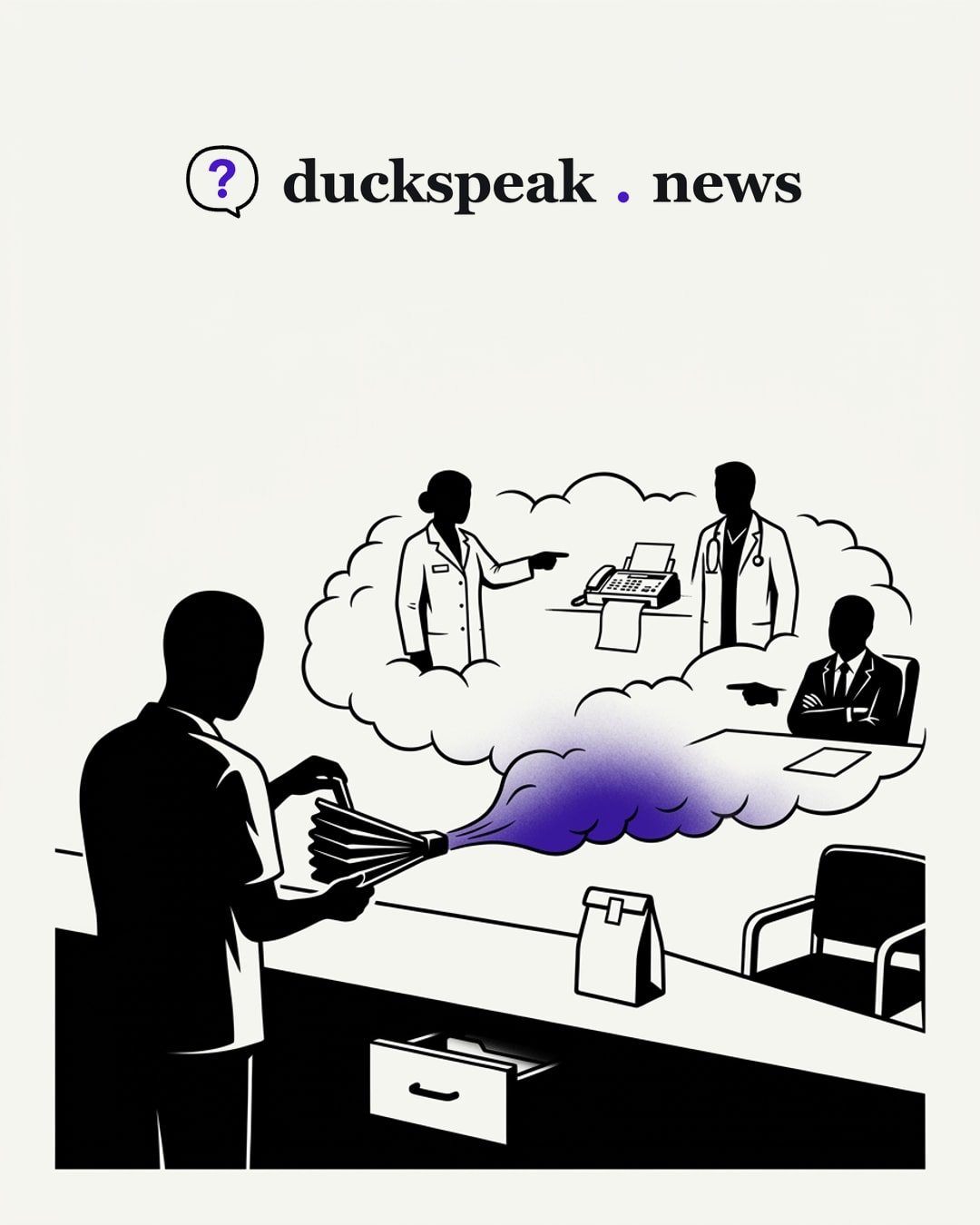 Behind the counter he pumps the bellows, and the fog rolls up like weather: inside it the pharmacist points at the doctor, the doctor stands by his fax, and the man at the desk folds his arms. Below, the drawer with the record sits within reach, and the bag on the counter waits beside an empty chair for someone who never comes.