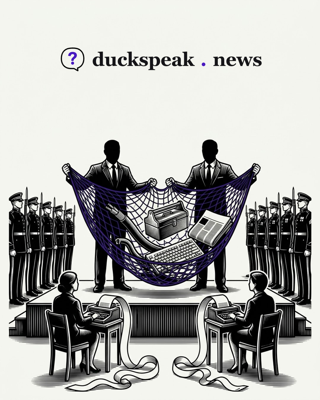 Between two rows of honour guards, the two statesmen hold out a net that stretches to take anything: a cut cable, a toolbox, a keyboard, a newspaper. Below the stage the stenographers type every word, and the paper runs out of their machines onto the floor.