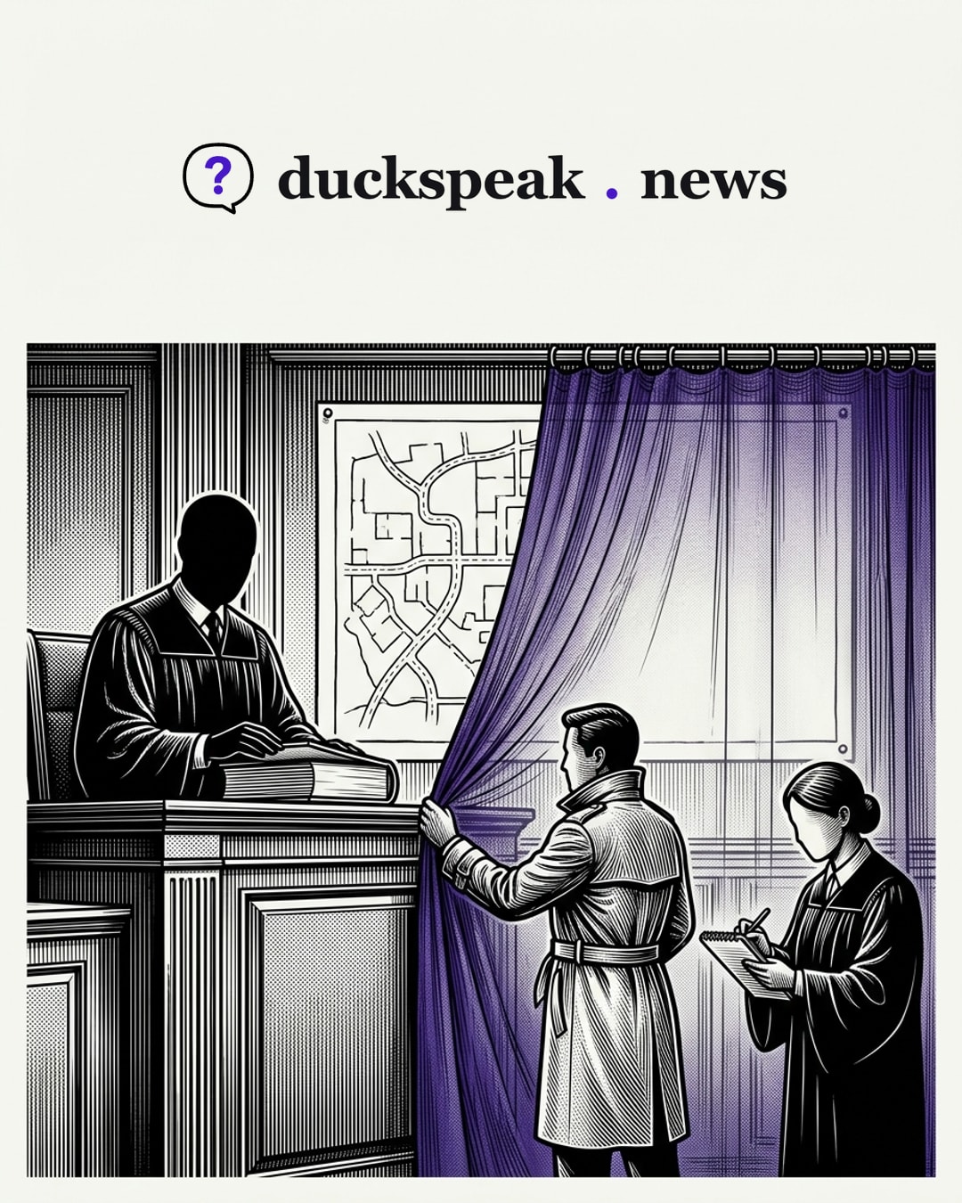 The judge rests a hand on the closed book, and that is where the court stops. Then the reporter in the raincoat draws the curtain over the map on the wall, across the part already drawn as well, while his colleague writes it down.