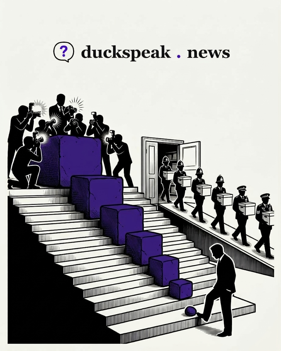 The photographers crowd the great block at the top of the stairs; step by step the blocks shrink, until at the bottom a man nudges the last pebble aside with his shoe. Beside the staircase, the officers with their boxes keep filing along the ramp past the open door.