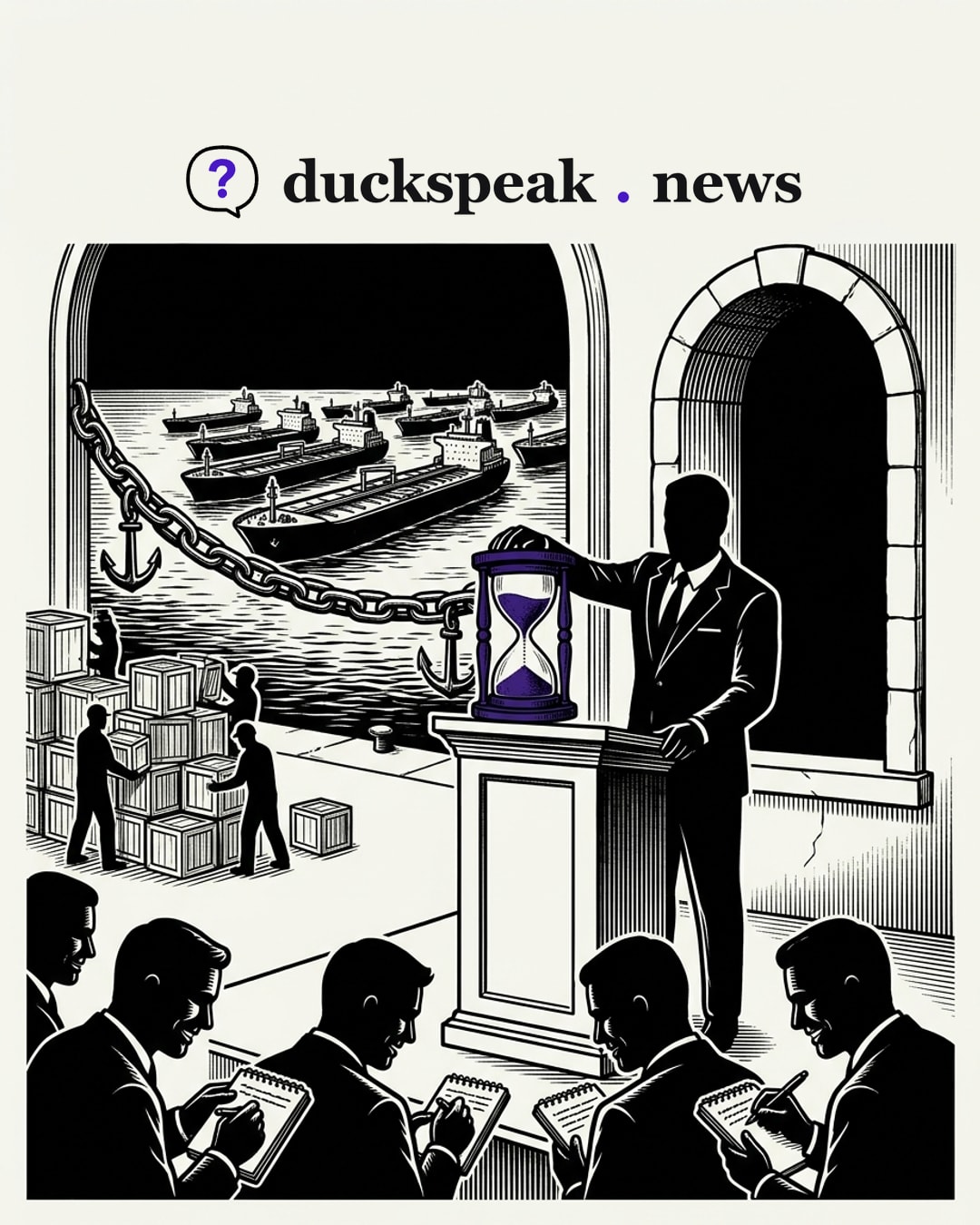 He sets the hourglass on the podium and the sand starts to run, and the reporters smile as they write. Behind him the chain stays across the harbour, the tankers wait, and on the quay the crates keep piling up.
