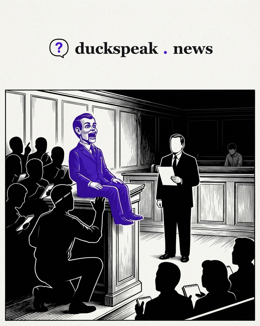 Perched on the lectern, the dummy throws its mouth wide open and the room scribbles down every word; crouched behind it, the newspaperman works it from behind. A step away the real official holds his one short page and says nothing, and at the back the young man sits alone in the dock.