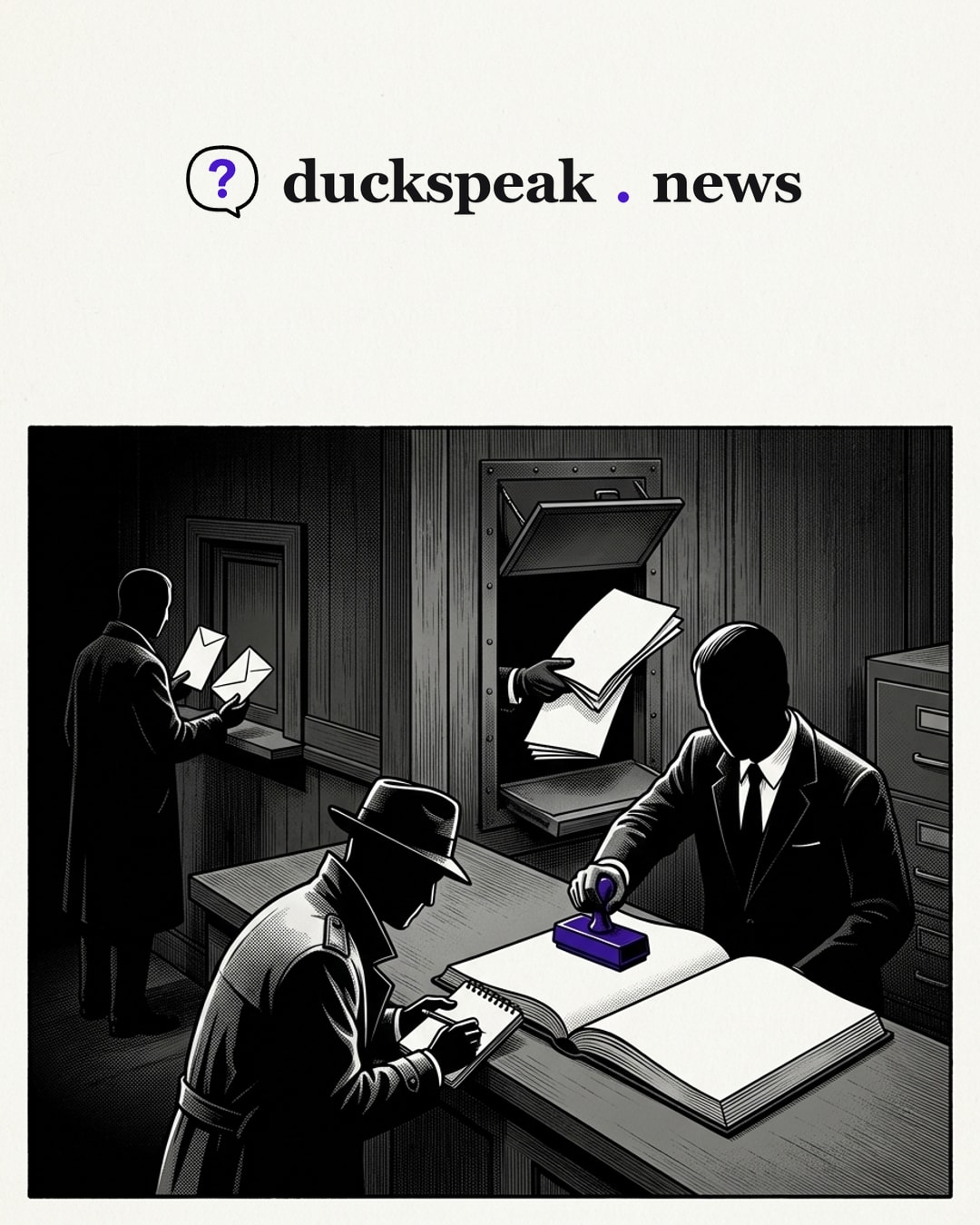 The clerk stamps a blank page of the register and the reporter copies it down as news. Behind them a gloved hand feeds the papers into the chute in the wall, and at the closed hatch a visitor stands holding two envelopes that no one comes to take.