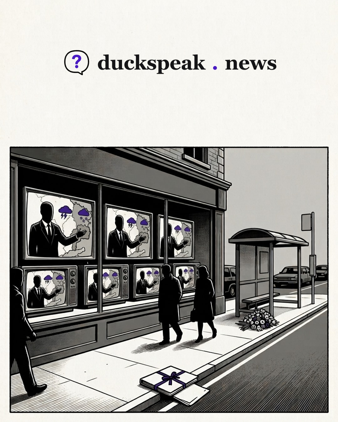In the shop window every screen shows the same presenter, the same gesture, the same storm clouds rolling in. The passersby walk on past the bus shelter with the flowers at its foot, and past the case file lying in the gutter.