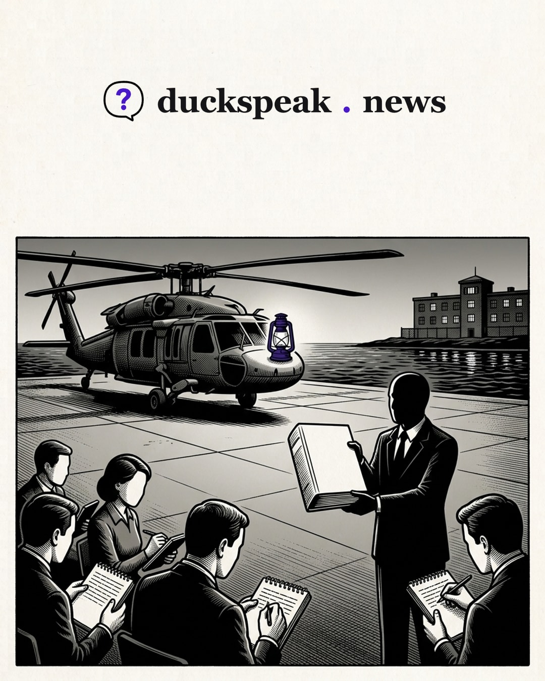 A little lantern perched on its nose, the military helicopter passes for the village constable. In front of it the prosecutor holds up his thick binder and the reporters copy it line by line, while across the water the prison windows stay lit.
