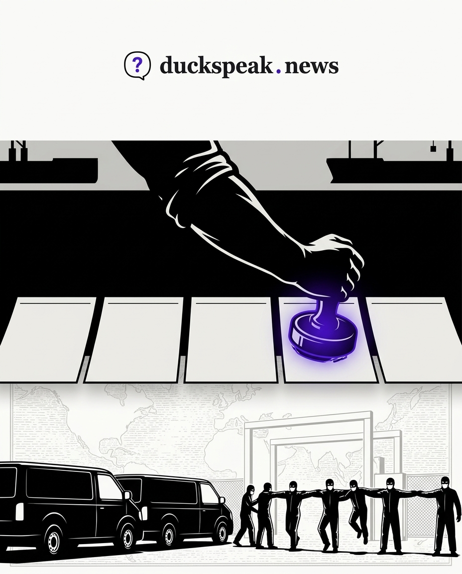One seal, struck five times on five identical sheets. Underneath, still faintly visible, the vans and the linked arms the ink was never asked to name.
