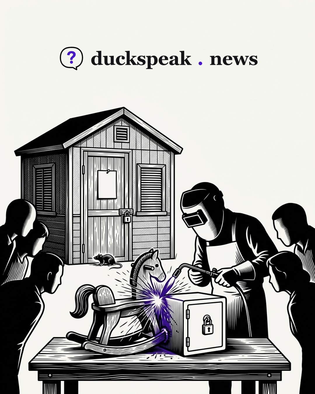 Under the mask, the welder fuses a rocking horse to a locked strongbox, and the onlookers lean in to watch the sparks. Behind them, under the notice on the padlocked door, a rat slips out of the nursery, and no one turns to look.
