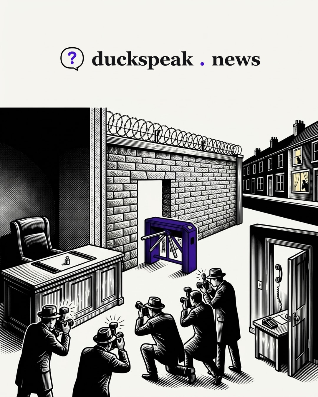 The photographers crouch around the turnstile, which turns on its own at the gap in the prison wall. Nobody points a lens at the empty bench with its one tiny weight, or at the office next door where the receiver hangs off the hook; the only ones watching the street are the neighbours at their windows.
