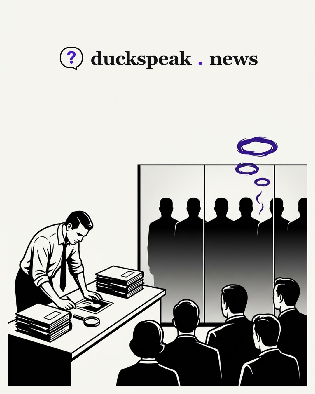 The investigator bends over his files, his photograph and his magnifying glass, and nobody watches him. The audience turns instead to a few smoke rings rising from behind the frosted screen, where the speakers have no faces and the rings hold nothing.