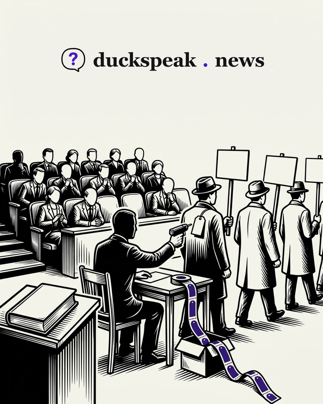 From his table he tags each marcher on the back as they file past, before anyone has said a word, and the ribbon of ready-made tags keeps unspooling from the box at his feet. The audience in the stalls leans in as at a weekly show; on the lectern in front, the book stays shut.