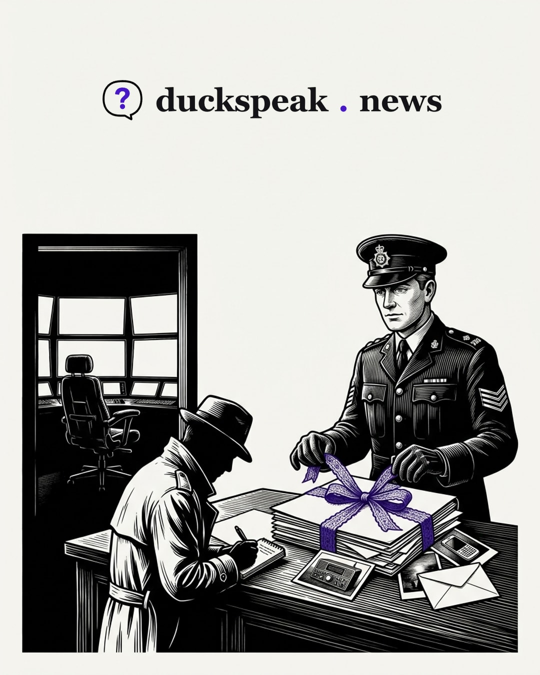 He ties the file shut with a lace bow, as if it held love letters, while the reporter takes down his words. Beside the bundle lie the photographs, a command console, a phone, an envelope, and through the door behind them the chair in the control room stands empty.