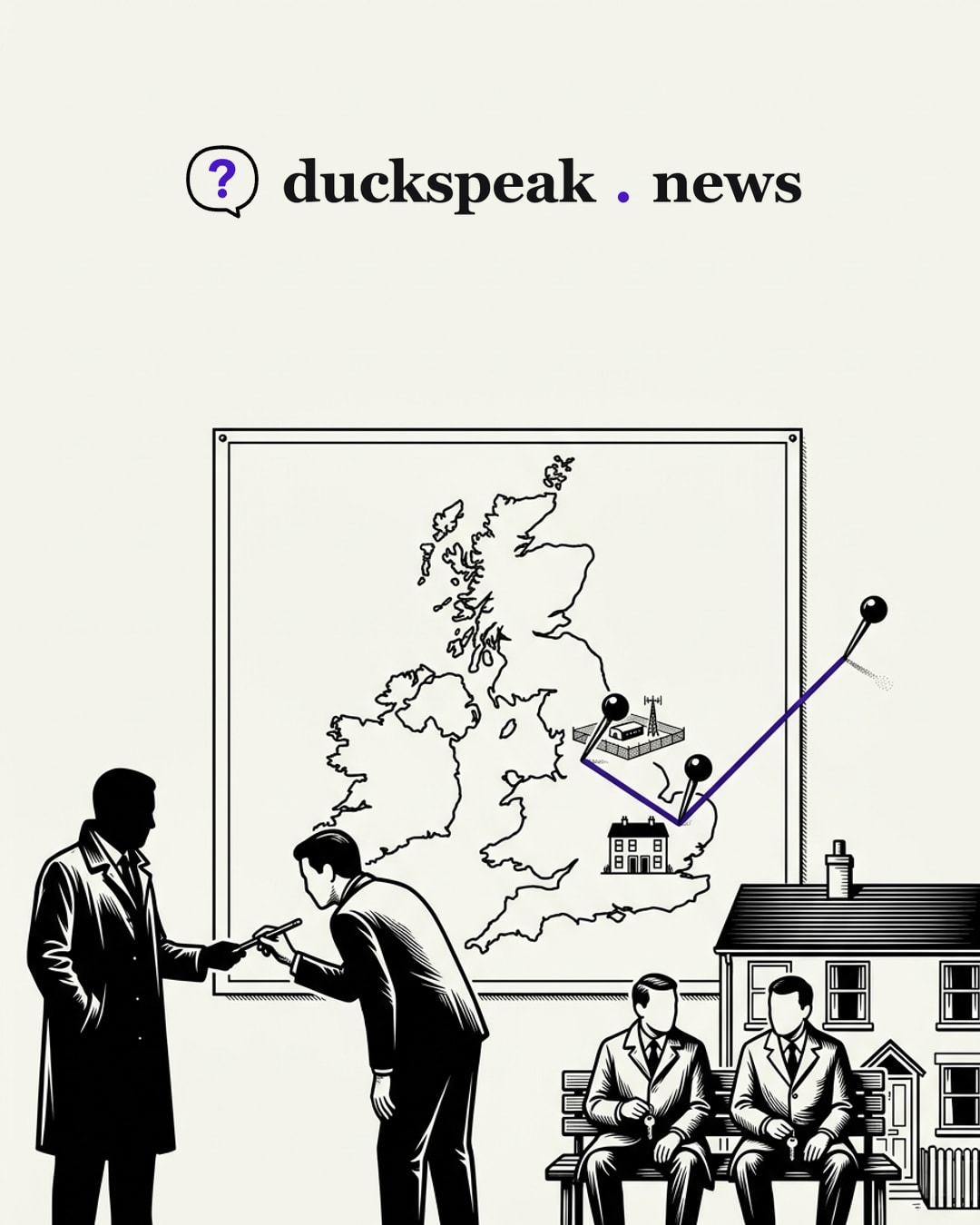 On the map of Britain the pins are in, the fenced base and the terraced house, and the line runs on past the edge of the frame to a third pin stuck in the bare wall, pointing at nothing drawn. The reporter hands over the pencil; on the bench below, the two men sit with their house keys in their hands.