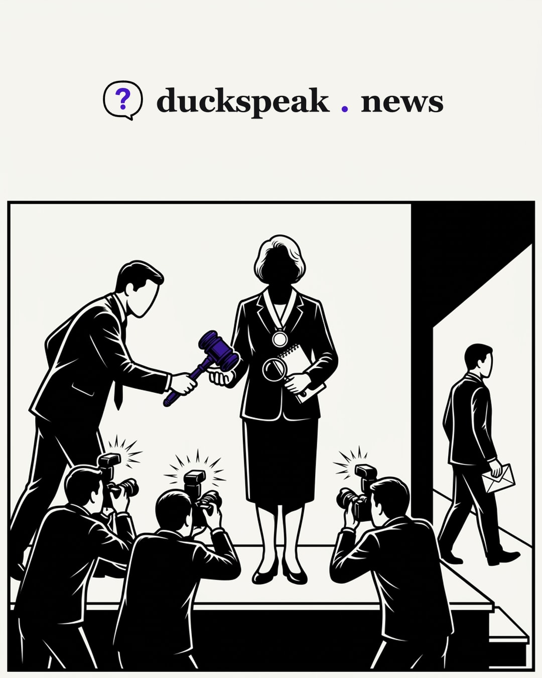 Medal at her neck, she holds a notebook and a magnifying glass, and a reporter leans in to press a gavel into her hand; the flashes go off at the gavel. At the edge of the stage, a man walks off down the corridor with a small envelope that no one photographs.