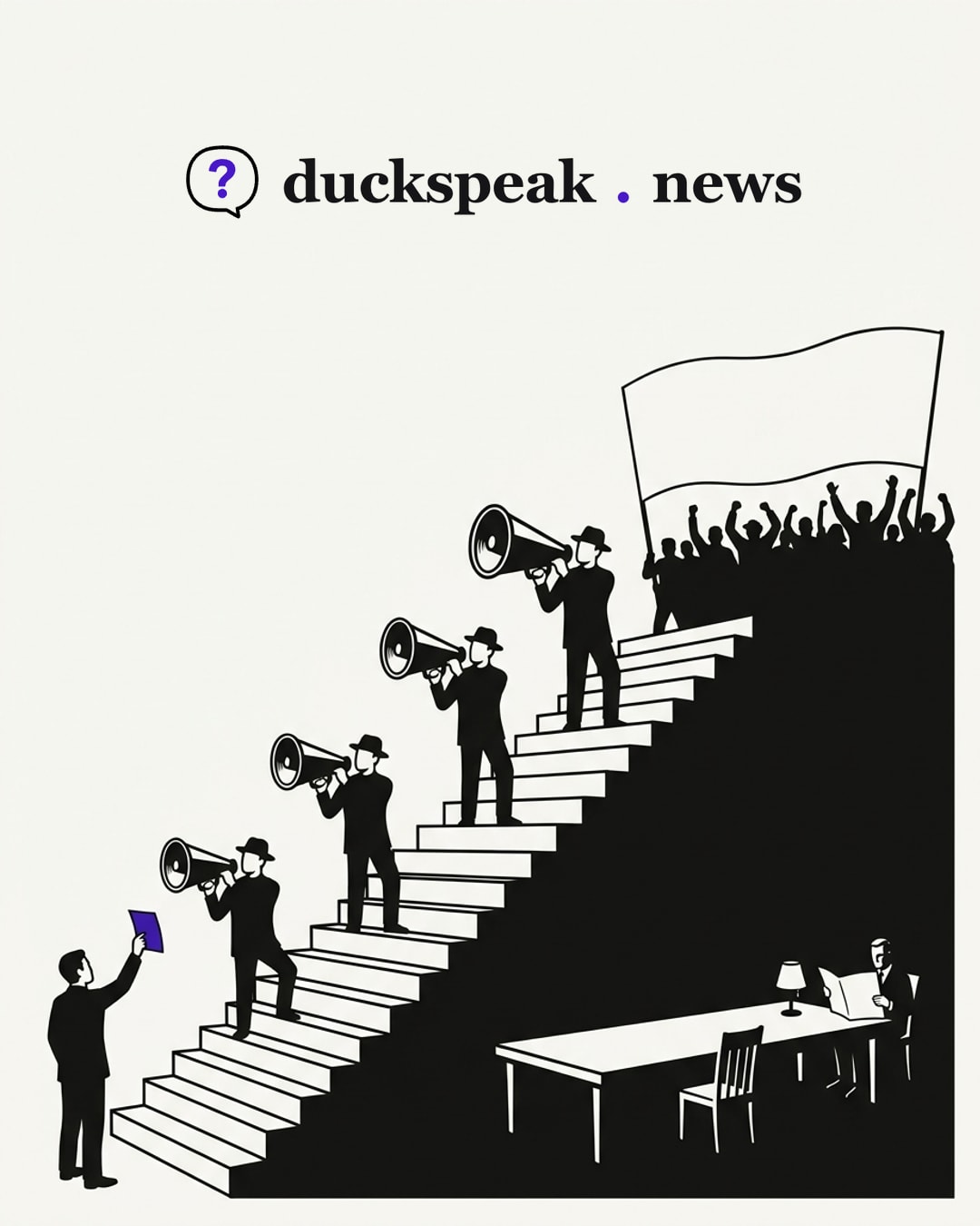 One slip of paper climbs the stairs, louder at every step, until the crowd at the top cheers a banner with nothing on it. Down in the shadow, the negotiating table has an empty chair, and the other party learns of the deal from his newspaper.