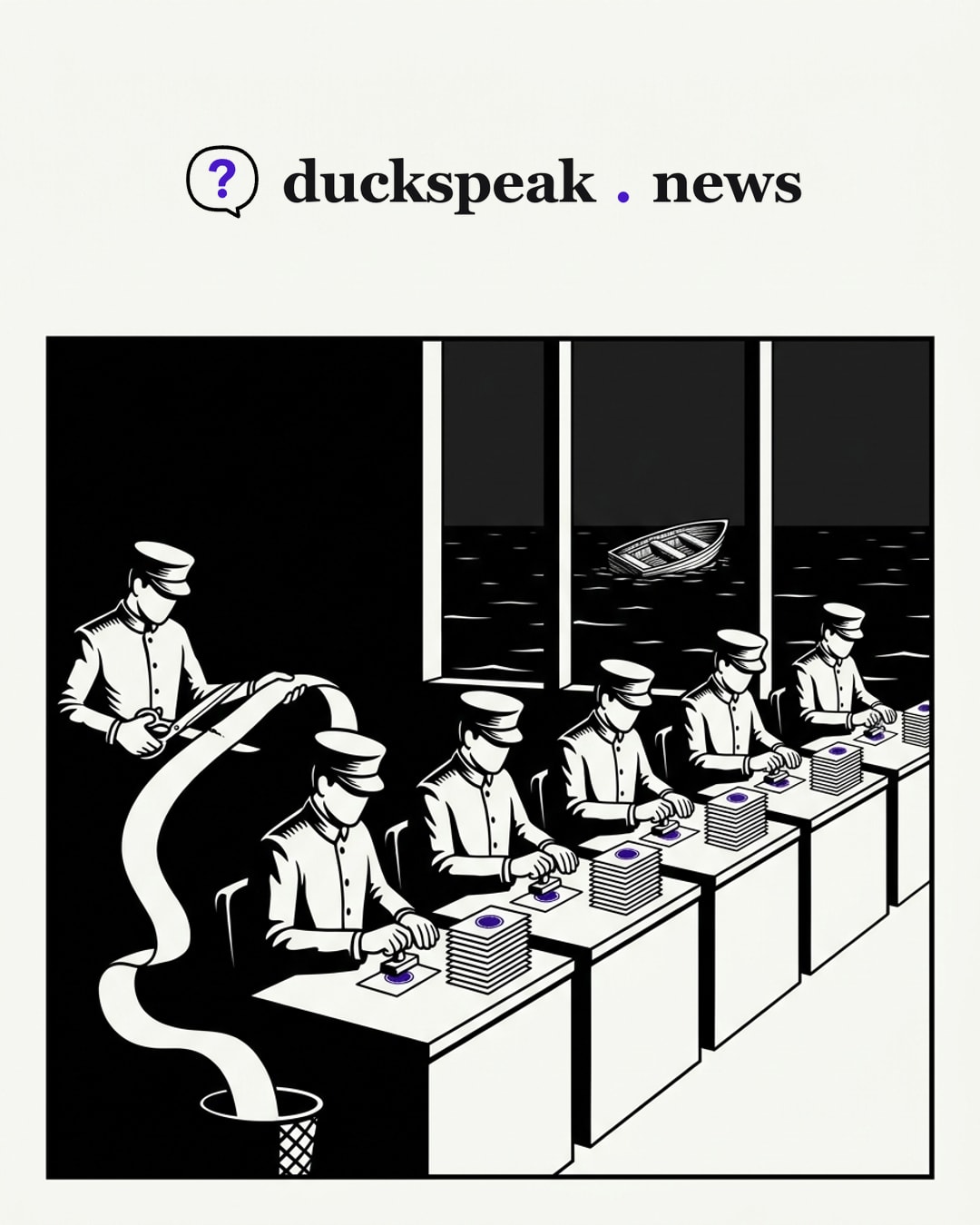Six identical clerks press the same stamp onto identical cards, while the man with the scissors feeds the rest of the ribbon to the bin. Through the window a small boat drifts empty on the dark sea, and not one of them looks up.