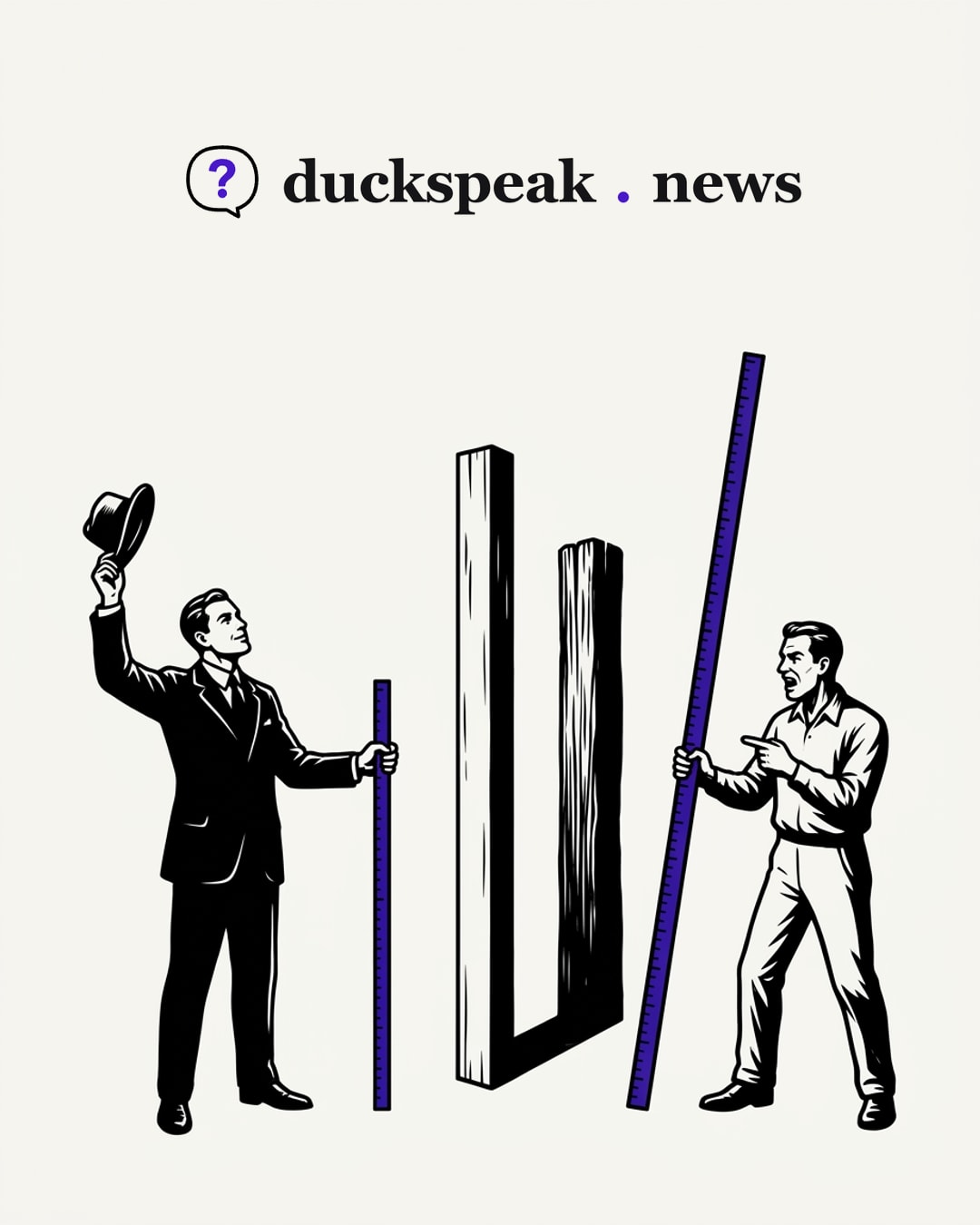 Two men measure the same post: one with a rod so short the post looks like a giant, the other with a rod so long it looks like a stump. The post never changes; only the ruler does.