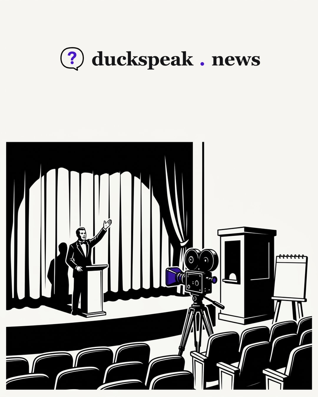 The curtain is still closed, but the showman is already announcing the act, the camera is aimed and the ticket booth is open. What waits behind the curtain is never shown, only the arrangements for watching it.