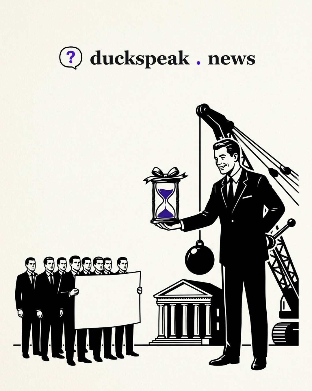 The hourglass comes gift-wrapped, held out with a smile, while the other hand rests on the crane whose iron ball hangs over the courthouse. Beside them, eight men hold up one blank sheet of paper together, and that is all they do.