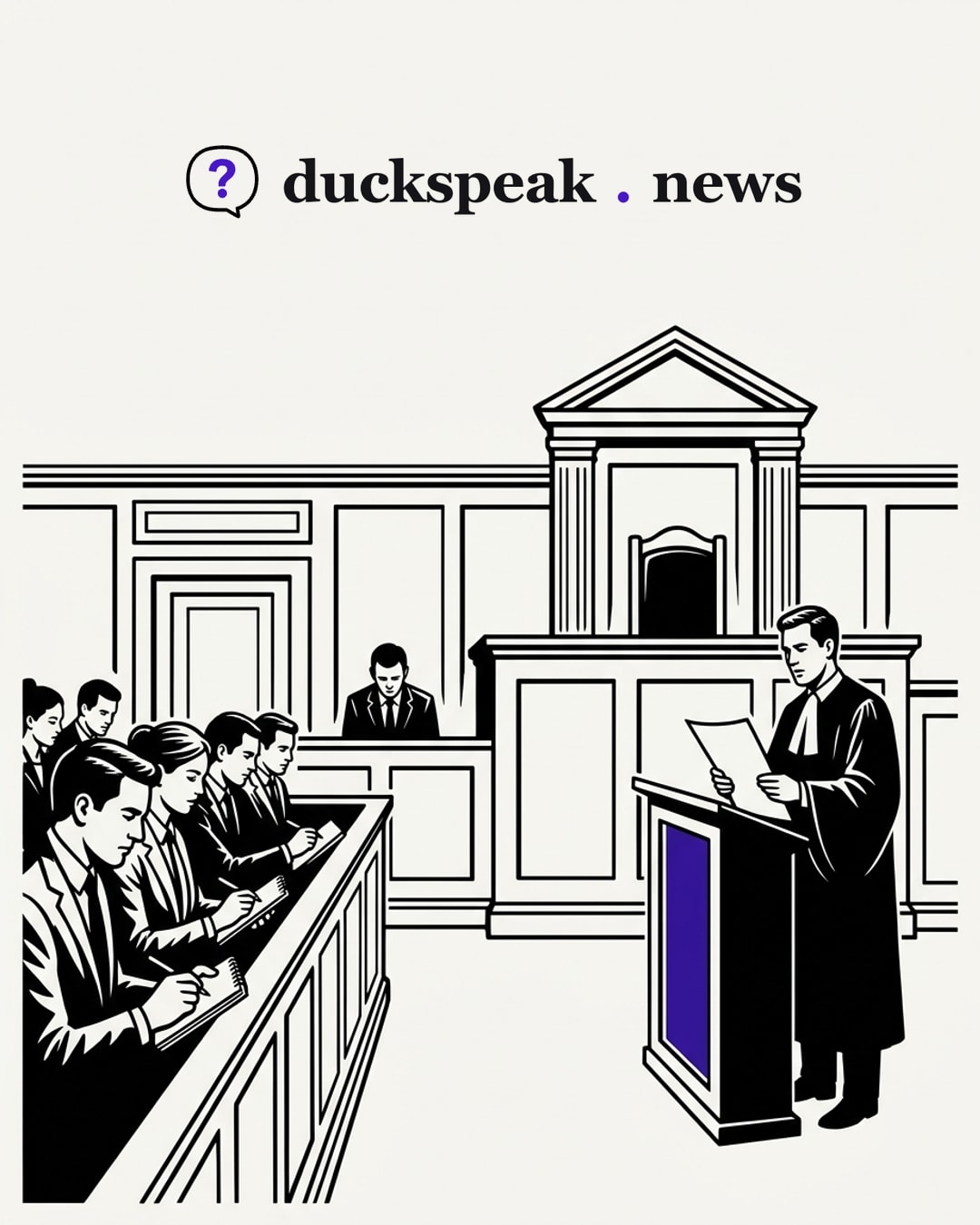 The prosecutor reads his paper at the lectern, beneath the judge's empty chair. The reporters take it all down as if the court itself were speaking, and the man in the dock waits with his head bowed.