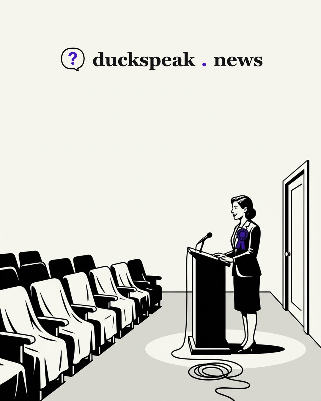 The new spokeswoman smiles under the spotlight, turned toward the side door rather than the room. The reporters' chairs sit under dust sheets, the microphone cable lies unplugged, and only the rosette on her lapel catches the light.