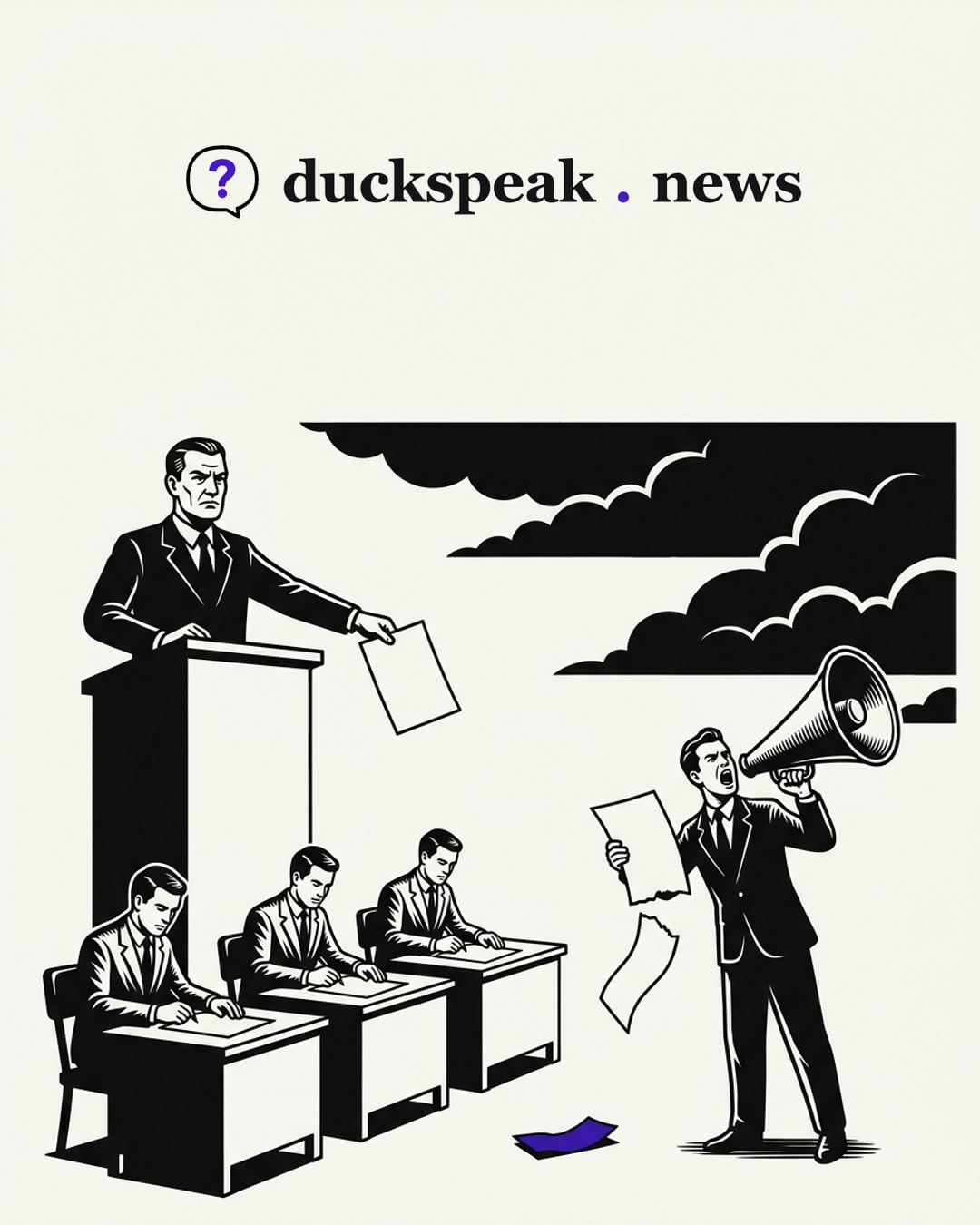 Du haut de sa tribune, l'officiel tend une seule feuille, et trois scribes la recopient à l'identique. Plus loin, un homme en arrache le bas et hurle le reste dans son porte-voix face à l'orage ; le morceau arraché gît par terre, et personne ne le ramasse.